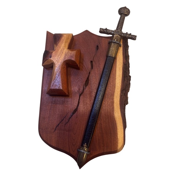 Other - Handmade Live Edge Wood Shield Carved Cross & Replica Sword Letter Opener Gothic
